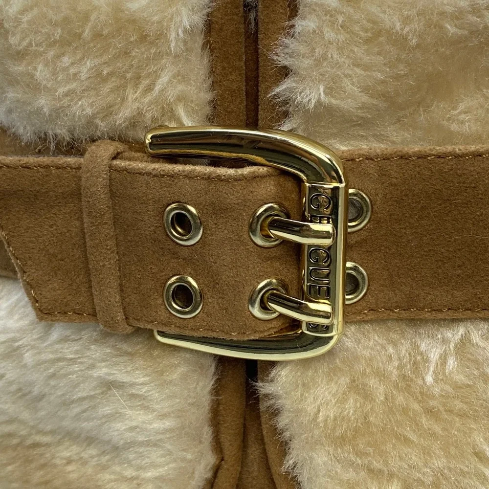 Guess Cozy Tan Faux Fur Buckle Detail Winter Boots Mid Calf Y2K Booties - 8